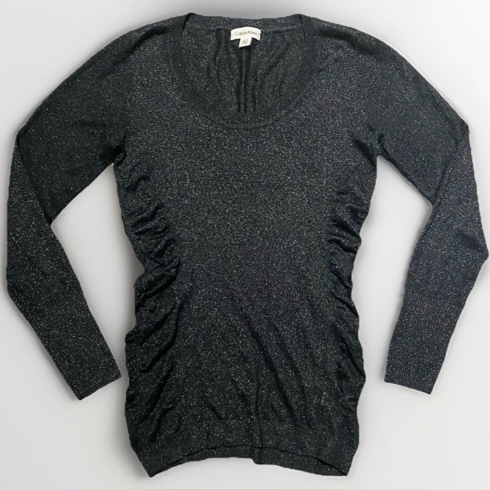 Calvin Klein Women’s Black Spakly Sweater  Mini Dress Crew Neck Ruched Side Sz S